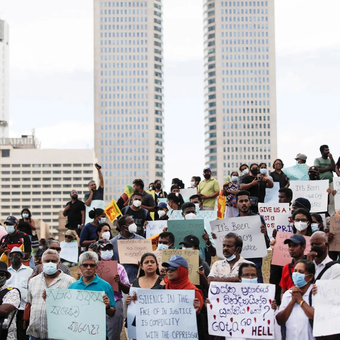 Demonstrators holding placards attend a protest to demand justice for the April 2019 Easter Sunday bomb attack, on the third anniversary of this attack, near the Presidential Secretariat, amid the country's economic crisis, in Colombo, Sri Lanka, April 17, 2022. REUTERS/Navesh Chitrakar