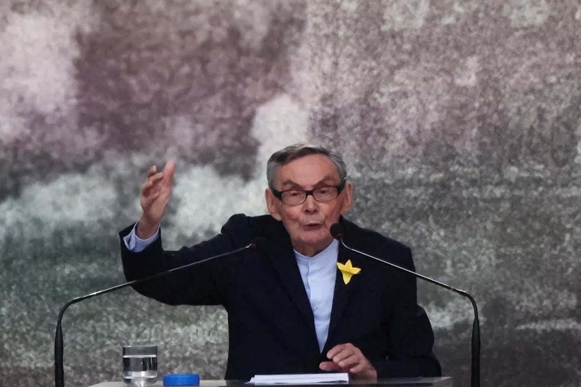 FILE PHOTO: Marian Turski speaks on the occasion of the commemoration of the 80th anniversary of the Warsaw Ghetto Uprising, in front of the Monument to the Ghetto Heroes in Warsaw, Poland, April 19, 2023. REUTERS/Kacper Pempel/File Photo