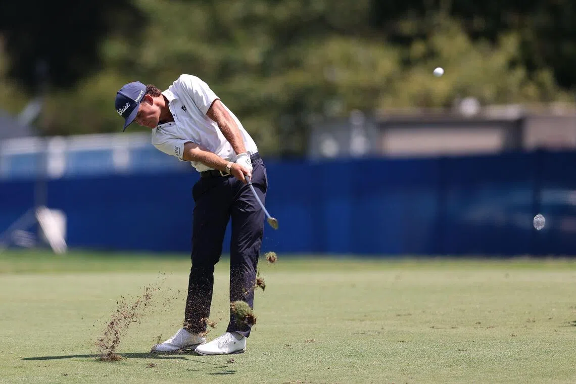 Jackson Koivun of the US playing a shot on the first hole during the final round of the Wyndham Championship on Aug 9.