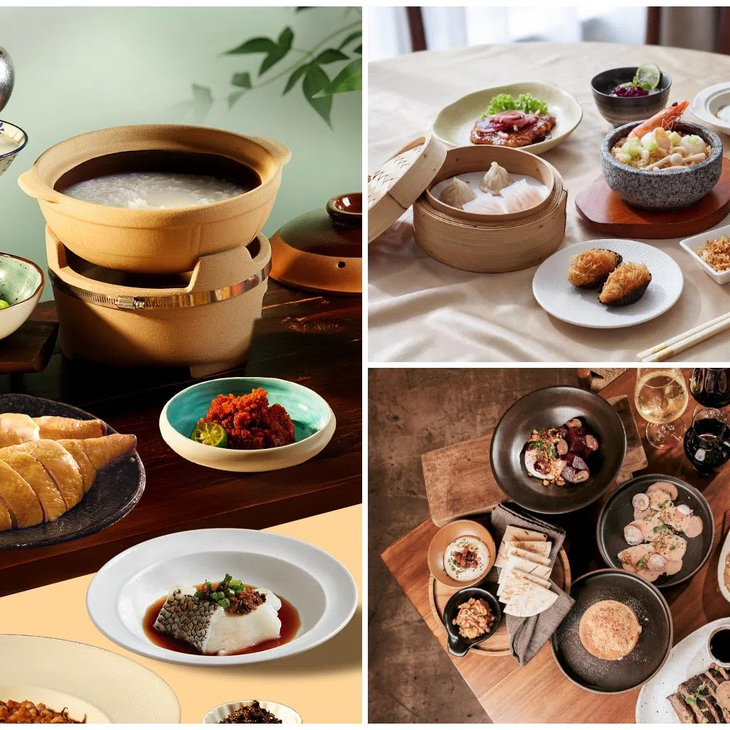 (Clockwise from left) Chui Huay Lim Teochew Cuisine's Teochew Muay Set Menu for two, Executive Set Lunches from  Min Jiang at Goodwood Park Hotel, and a set menu for 2 from Moxie.