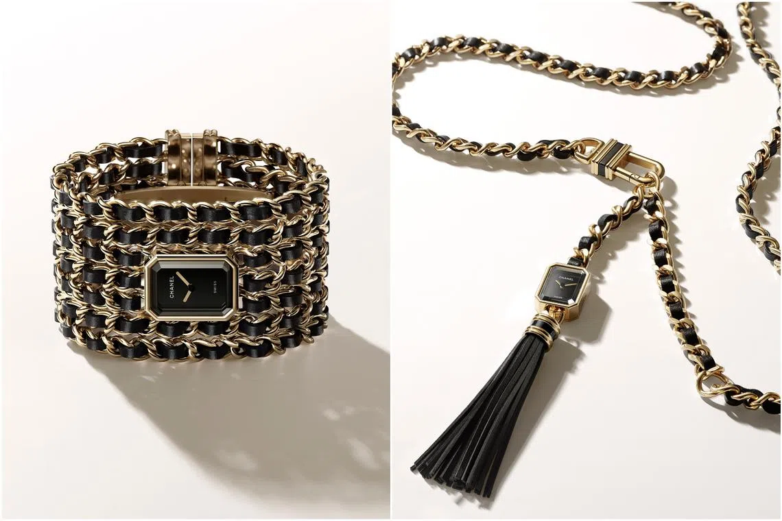 The Premiere Cuff features a striking bracelet of interwoven leather and steel. The Premiere Sautoir Belt has an adjustable chain that doubles as a belt. 