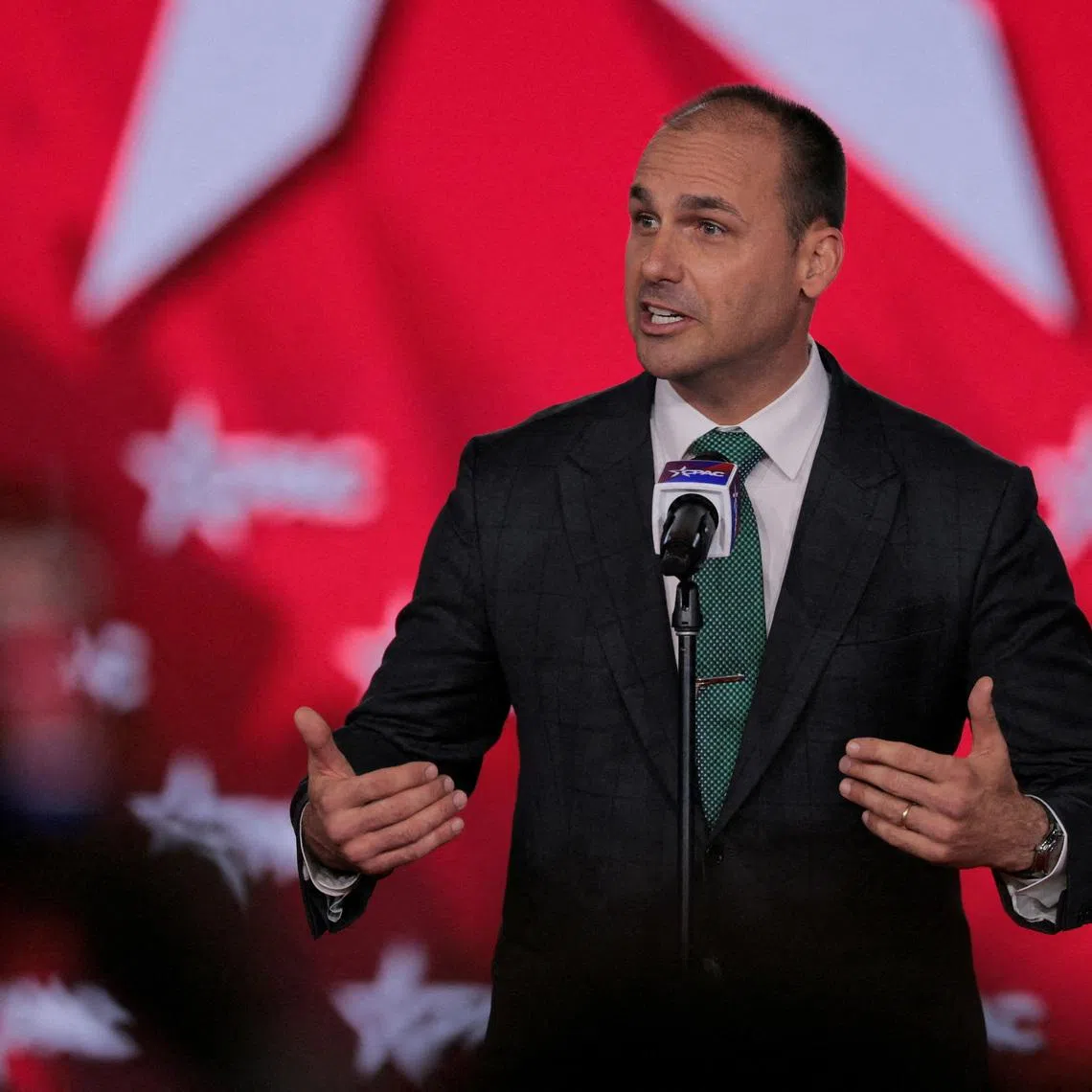 FILE PHOTO: Brazilian former lawmaker Eduardo Bolsonaro attends the Conservative Political Action Conference (CPAC) USA 2026 at the Gaylord Texan Resort and Convention Center, in Grapevine, Texas, U.S. March 27, 2026.  REUTERS/Callaghan O'Hare/File Photo