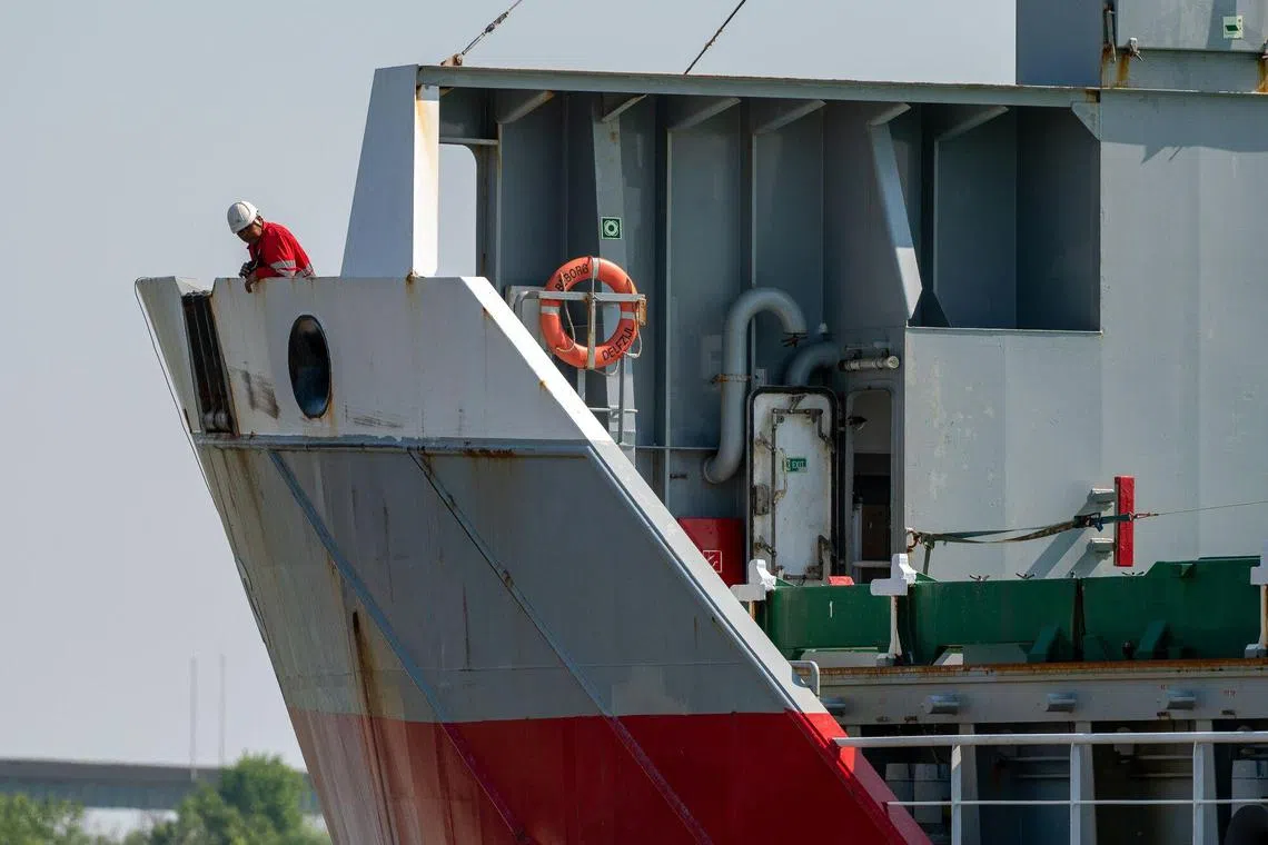 The Elbeborg cargo freighter maneuvers into Canal Lock 3 on the Welland Canal near St. Catharines, Ontario, Canada, on Wednesday, June 21, 2023. The Welland Canal, which connects Lake Erie and Lake Ontario, handled 37 million tonnes of cargo last year. Photographer: James MacDonald/Bloomberg