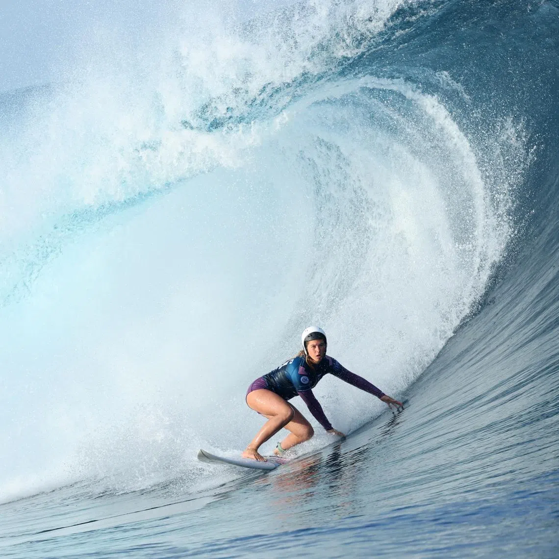 Surfing - World Surf League - Tahiti Pro - Teahupo'o, Tahiti, French Polynesia - May 29, 2024  Sawyer Lindblad of the U.S. in action during the women's quarter finals heat 2 REUTERS/Thomas Bevilacqua/File Photo