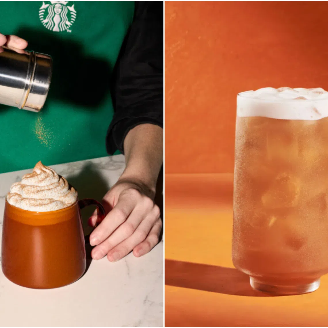 Starbucks is bringing back its pumpkin spice latte (left) for the fall season, and introducing a new product: the iced chaider (right).
