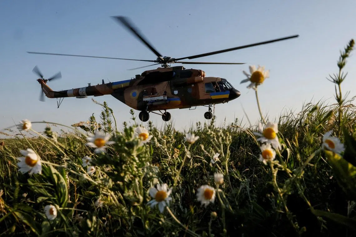 A Ukrainian military helicopter takes off to carry out a mission in June.
