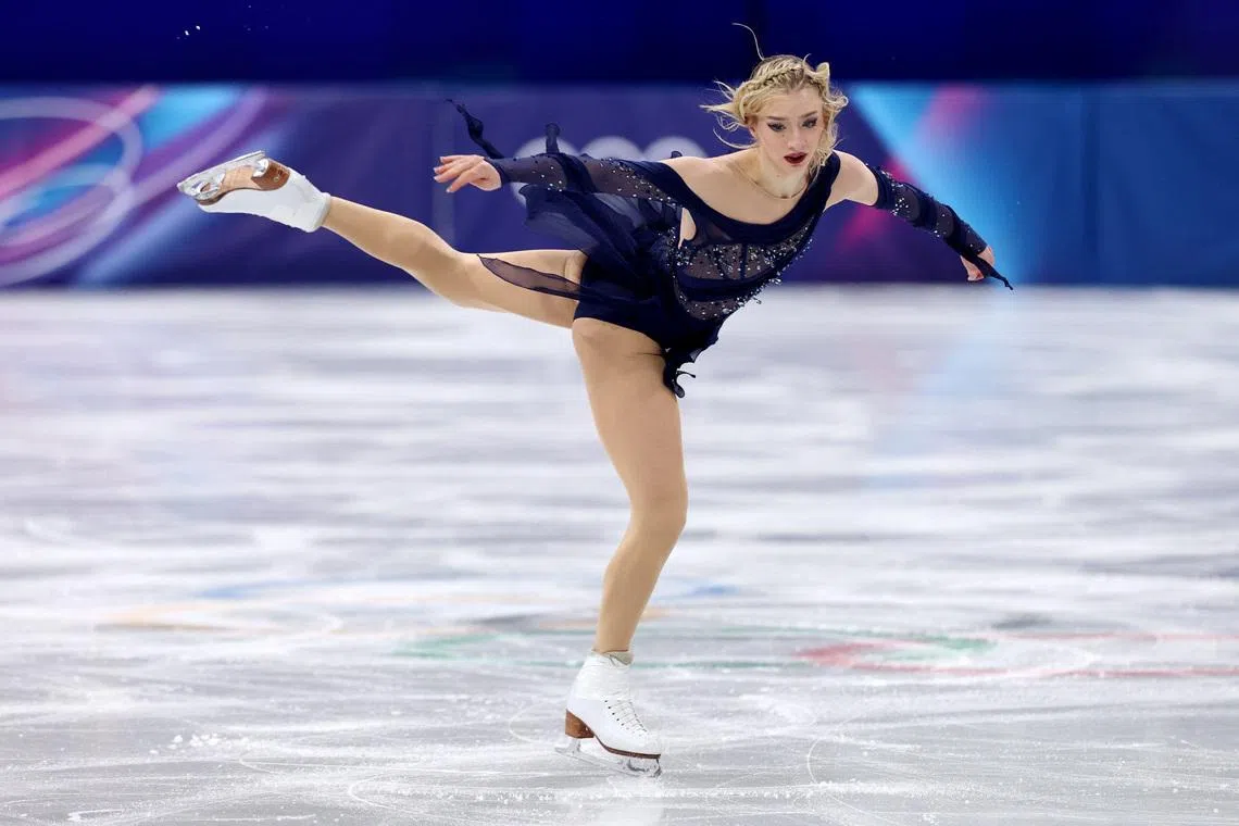 Milano Cortina 2026 Olympics - Figure Skating - Team Event - Women Single Skating - Free Skating - Milano Ice Skating Arena, Milan, Italy - February 08, 2026. Amber Glenn of United States performs during the women's single free skating REUTERS/Claudia Greco
