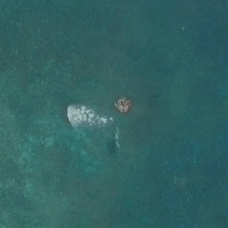 A satellite image shows a possible raft at the opening to Scarborough Shoal, in the South China Sea, May 30, 2026. Vantor/Handout via REUTERS