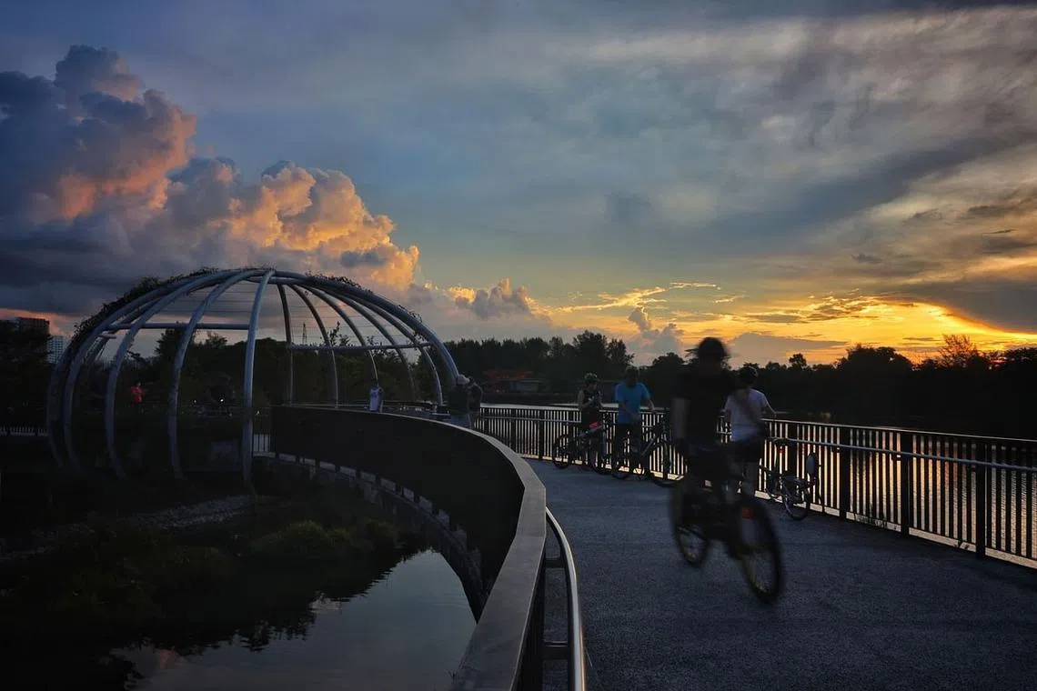 Sunset at the Jewel Bridge at Punggol Waterway Park on Aug 16, 2021.
