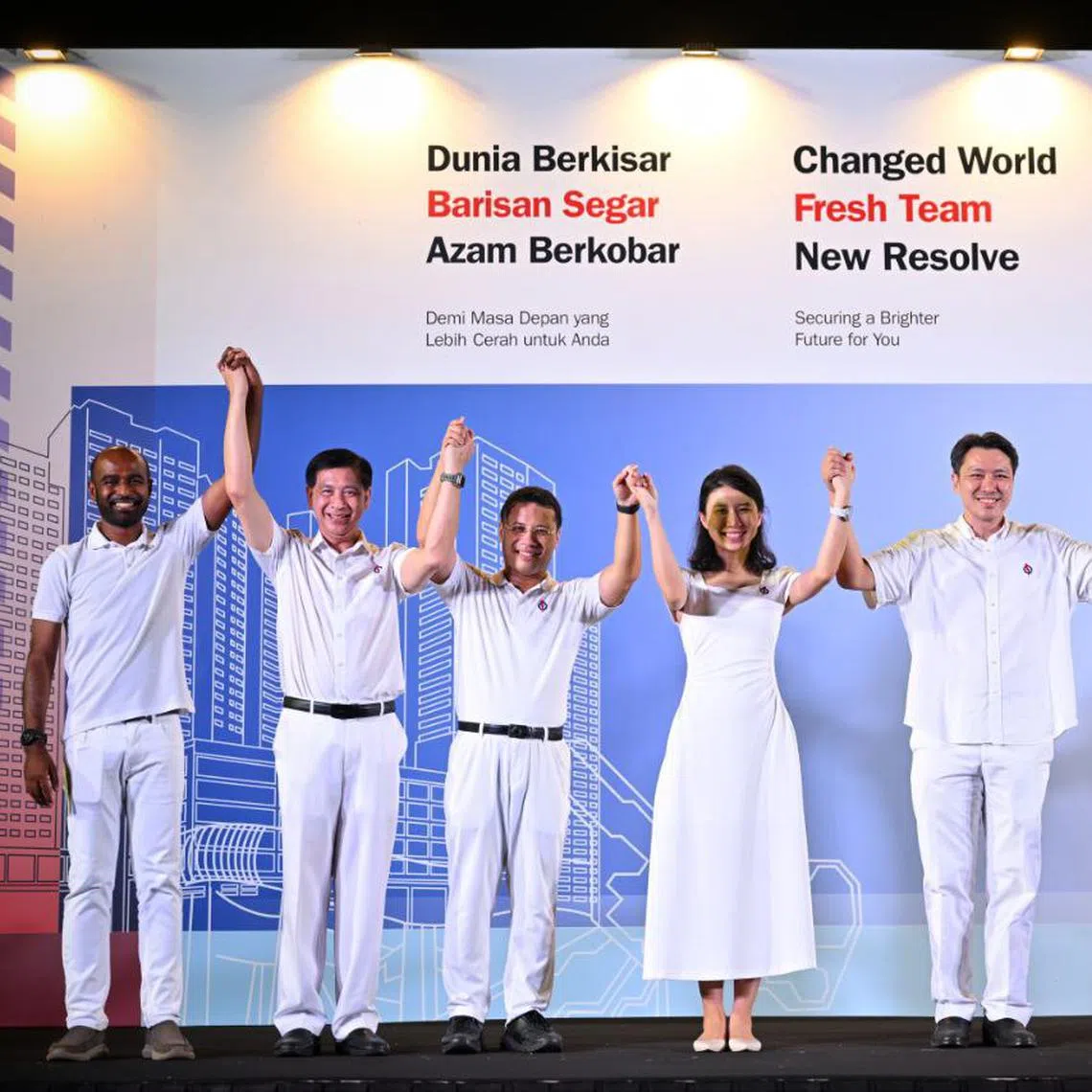 The PAP's West Coast-Jurong West GRC candidates (from left) Hamid Razak, Ang Wei Neng, Desmond Lee, Cassandra Lee and Shawn Huang.