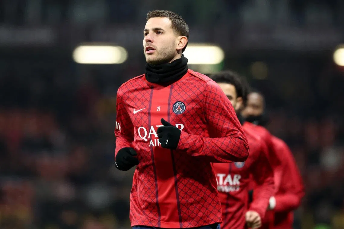 Soccer Football - Ligue 1 - FC Metz v Paris St Germain - Stade Saint-Symphorien, Metz, France - December 13, 2025 Paris St Germain's Lucas Hernandez during the warm up before the match REUTERS/Catherine Steenkeste