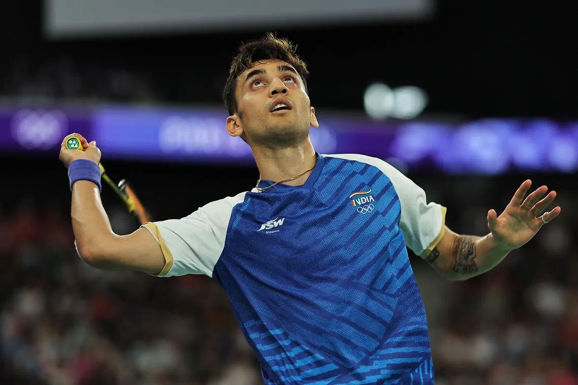 FILE PHOTO: Paris 2024 Olympics - Badminton - Men's Singles Bronze Medal Match - Porte de La Chapelle Arena, Paris, France - August 05, 2024. Lakshya Sen of India in action during the match against Zii Jia Lee of Malaysia. REUTERS/Ann Wang/File Photo