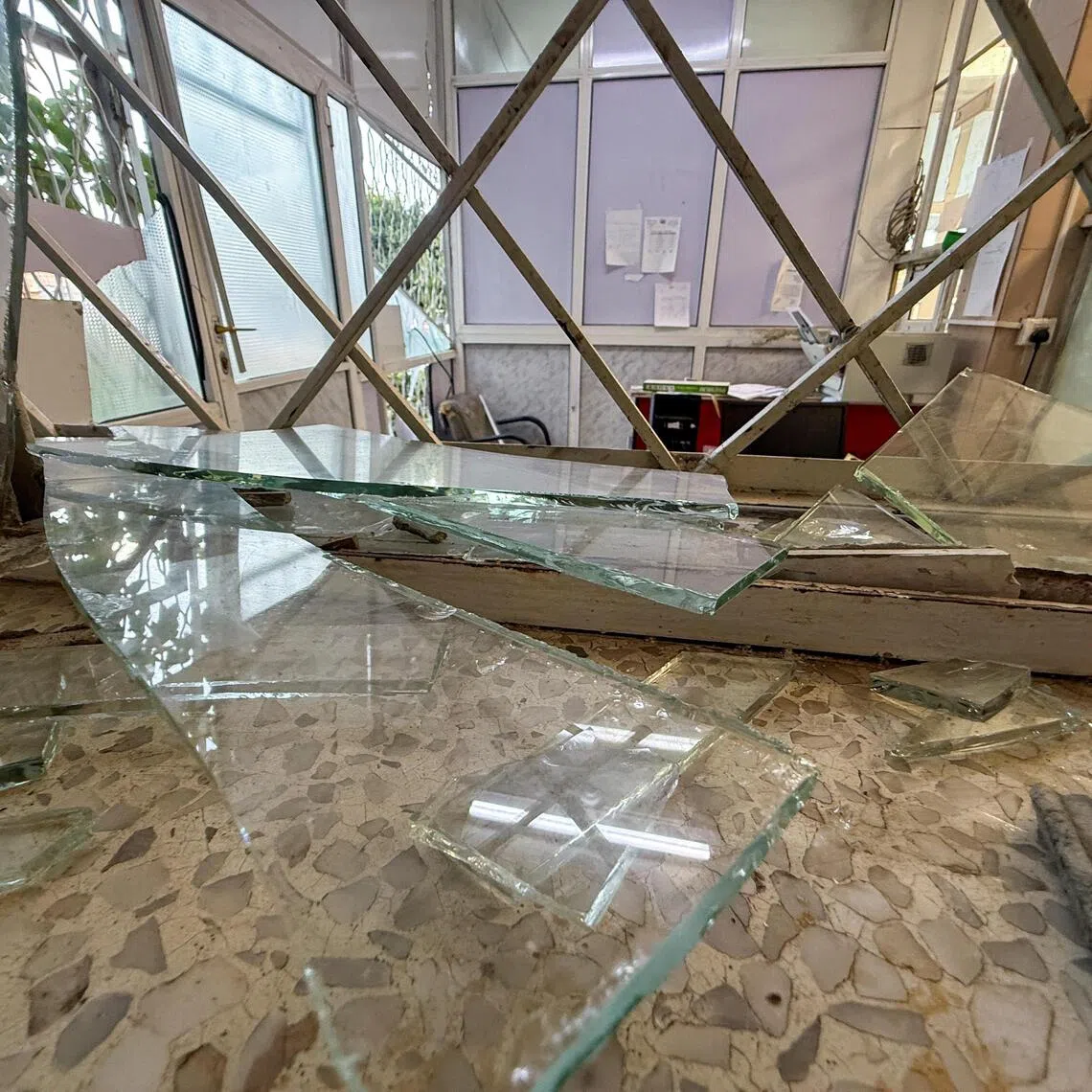 Shattered glass at a hospital in Sanaa, Yemen, following an airstrike on a nearby building on Oct 3.