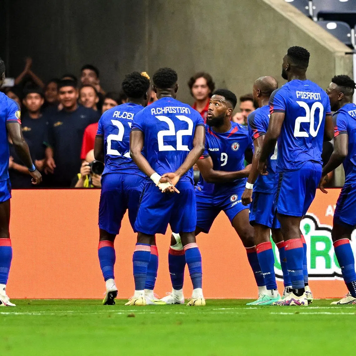 FILE PHOTO: Jun 25, 2023; Houston, Texas, USA; Haiti forward Duckens Nazon (9) celebrates with teammates after his goal during the first half against Qatar at NRG Stadium. Mandatory Credit: Maria Lysaker-USA TODAY Sports/File photo