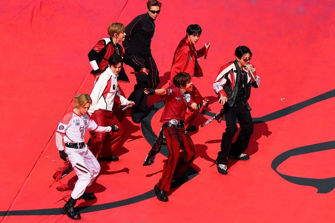 K-pop stars BTS performing during the half-time show.
