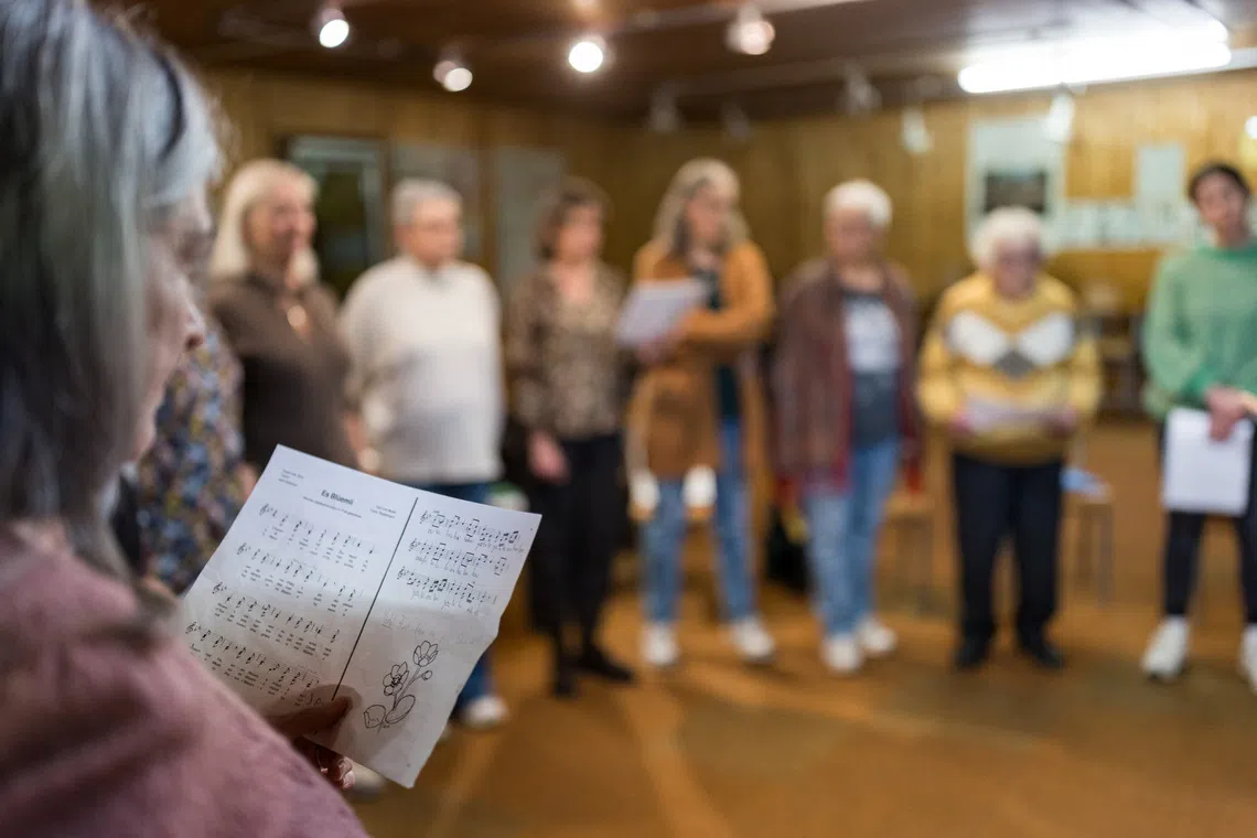 Women-only yodelling choir, 'Coeur des Yodleuses' , rehearses as UNESCO is considering adding yodelling to its cultural heritage list, in Geneva, Switzerland, December 10, 2025. REUTERS/Pierre Albouy