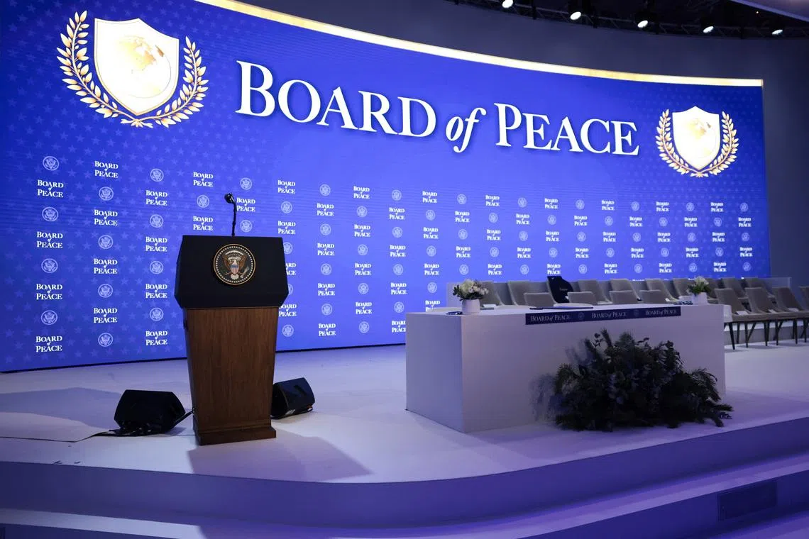 A view of the conference room, ahead of a charter announcement for U.S. President Donald Trump's Board of Peace initiative aimed at resolving global conflicts, alongside the 56th annual World Economic Forum (WEF), in Davos, Switzerland, January 22, 2026. REUTERS/Jonathan Ernst