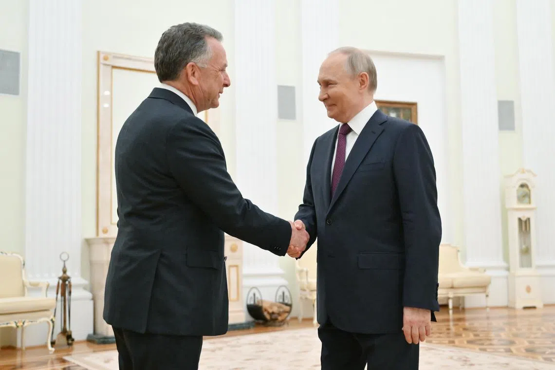 Russian President Vladimir Putin (right) shakes hands with US President Special Envoy Steve Witkoff (left) before a meeting at the Kremlin in Moscow, Russia, on April 25.