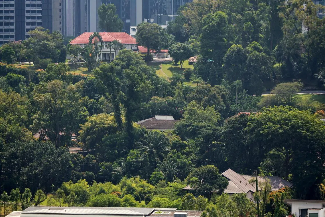 The bungalow at 26 Ridout Road (top left) rented by Law and Home Affairs Minister K Shanmugam and the bungalow at 31 Ridout Road (bottom right) rented by Foreign Affairs Minister Vivian Balakrishnan as seen on June 29, 2023. ST PHOTO: KEVIN LIM