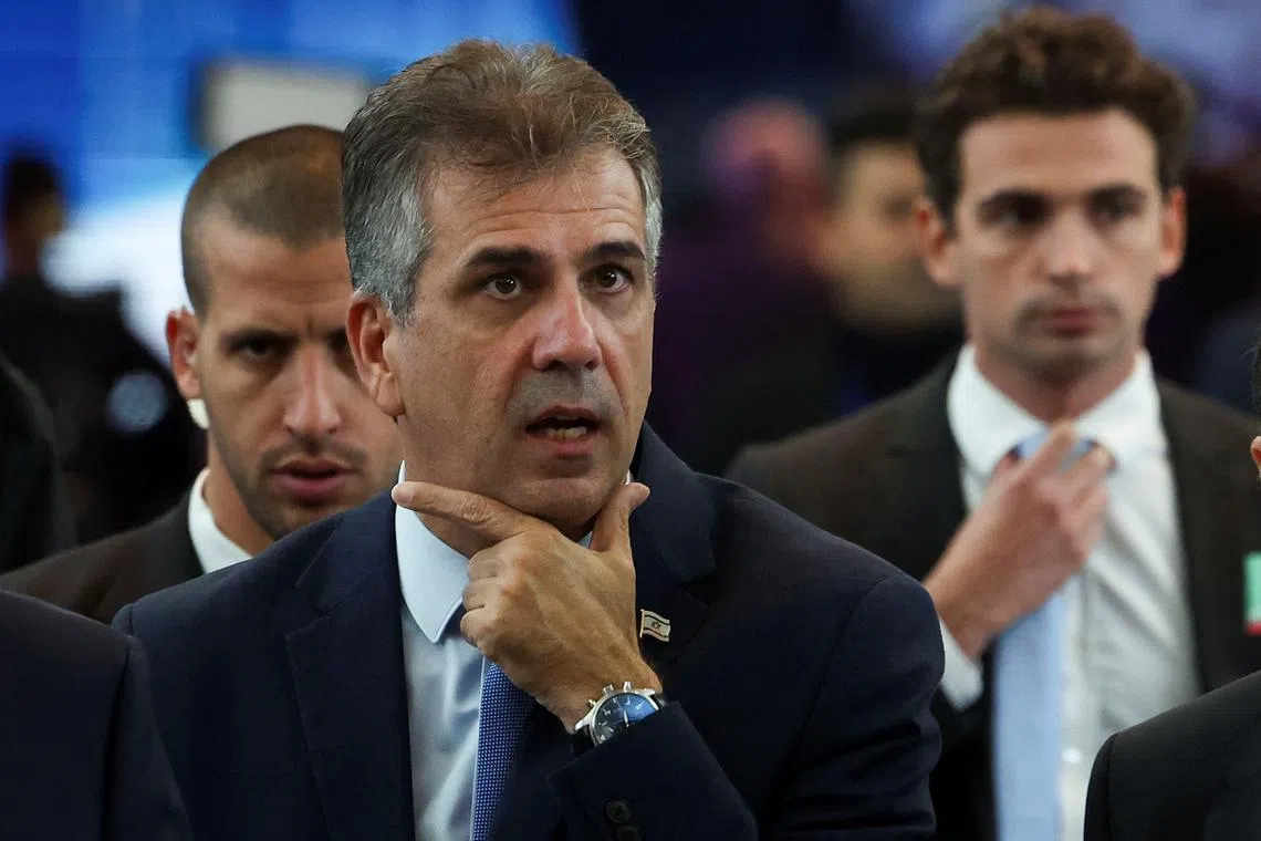 Israeli Foreign Minister Eli Cohen walks on the day of his conference at the European Parliament in Brussels, Belgium November 8, 2023. REUTERS/Yves Herman/File Photo