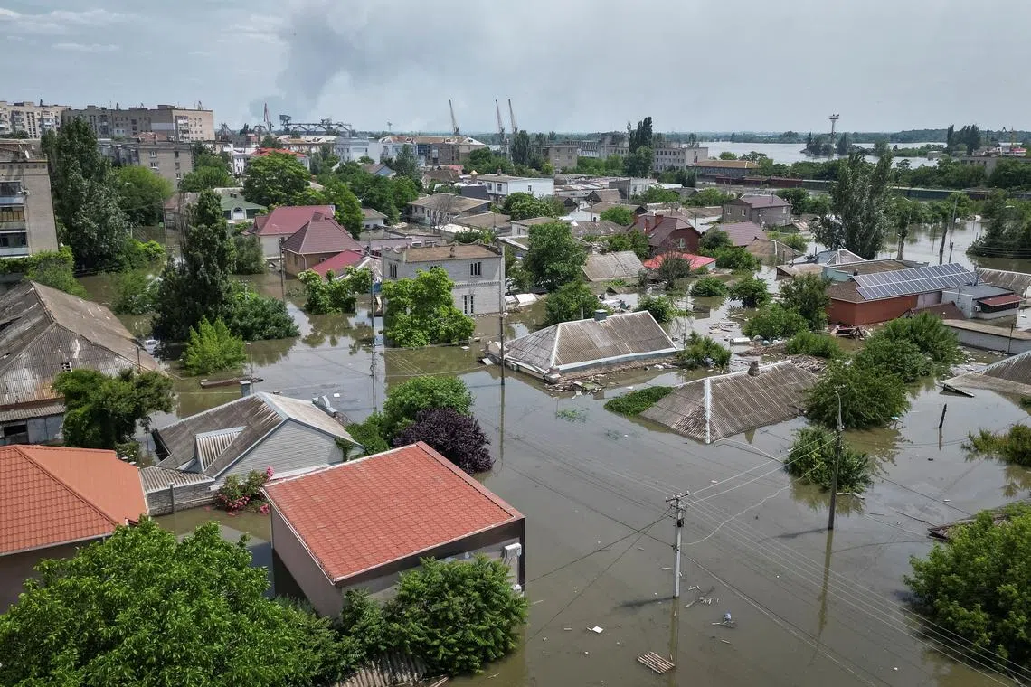 A view of a flooded area after the Nova Kakhovka dam was breached amid Russia's attack on Ukraine in Kherson on June 7, 2023. 