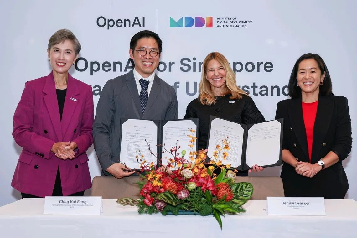 (From left) Minister for Digital Development and Information Josephine Teo, Mr Chng Kai Fong, MDDI Permanent Secretary (Digital Development and Information), Ms Denise Dresser OpenAI chief revenue officer, and Ms Sandy Kunvatanagarn, head of public policy, SEA, OpenAI, during the MDDI-OpenAI MOU signing on May 20.