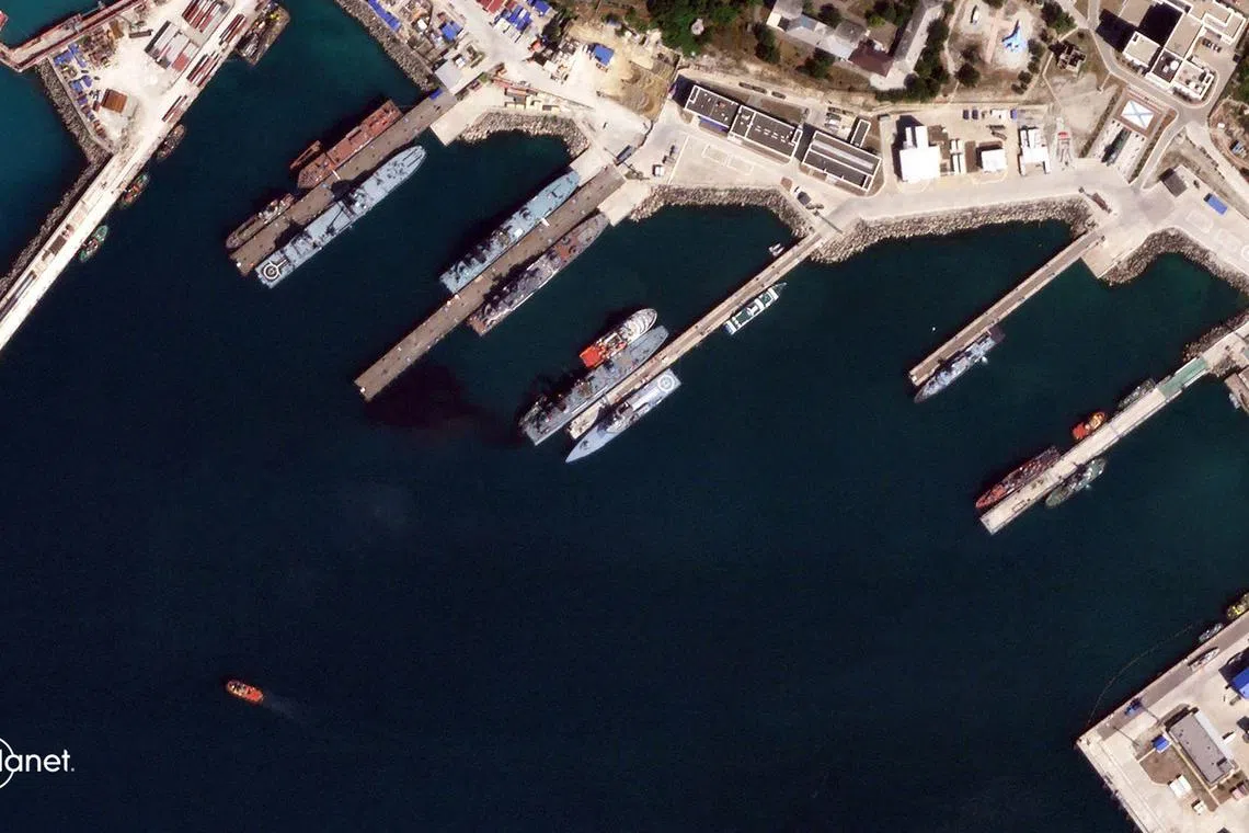 This handout satellite image released by Planet Labs PBC on August 7, 2023, shows an aerial view of the port Novorossiysk, south of the Kerch Strait, where a Russian oil and chemical tanker was hit by a Ukrainian drone attack. Ukraine claimed it "blew up" a Russian tanker, the 'SIG', that was transporting fuel for Russian troops, a Ukrainian security source told AFP. The tanker was hit at around 11:20 pm (2020 GMT) on August 4, 2023 south of the Kerch Strait, Russia's Federal Agency for Sea and Inland Water Transport said. (Photo by Handout / Planet Labs PBC / AFP) / RESTRICTED TO EDITORIAL USE - MANDATORY CREDIT "AFP PHOTO/PLANET LABS PBC" - NO MARKETING NO ADVERTISING CAMPAIGNS - DISTRIBUTED AS A SERVICE TO CLIENTS