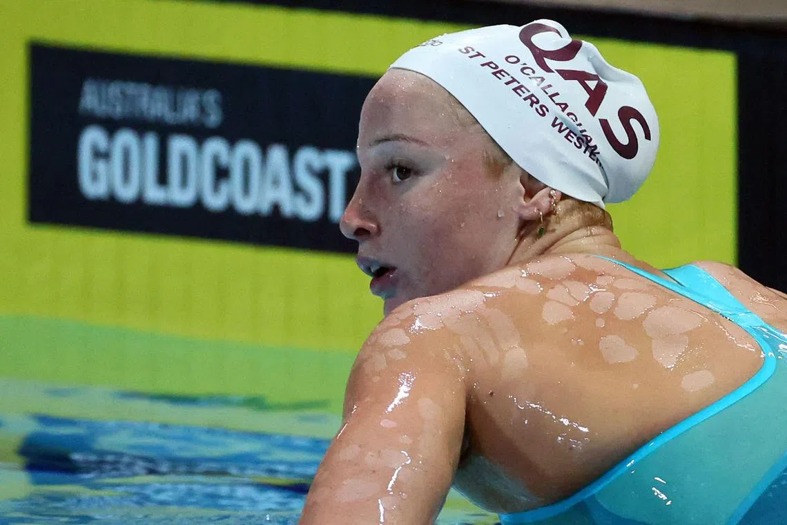 Australia's Mollie O'Callaghan reacting after winning the final of the women's 100m freestyle event during the Australian swimming championships on the Gold Coast on Monday.