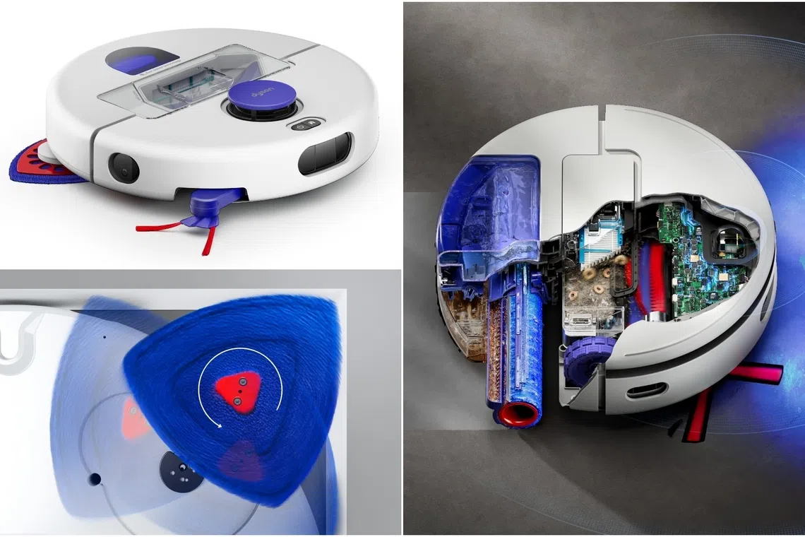 Dyson’s R2 Nurovi Wash+Dry robot vacuum uses two Reuleaux (curved) triangle wash pads for mopping, while the R3 Nurovi Spot+Scrub UV robot vacuum uses a self-cleaning roller.