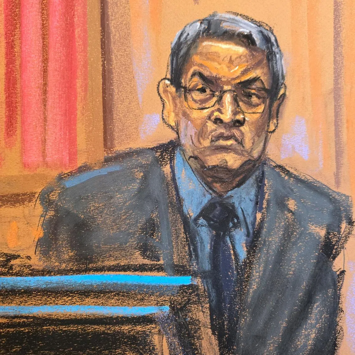 FILE PHOTO: Former Honduras President Juan Orlando Hernandez testifies before U.S. District Judge Kevin Castel during his trial on U.S. drug trafficking charges in federal court in the Manhattan borough of New York City, U.S., March 5, 2024 in this courtroom sketch. REUTERS/Jane Rosenberg/File Photo