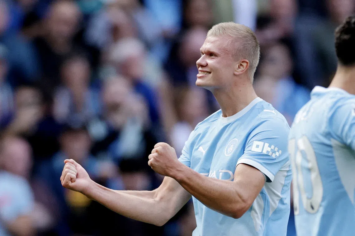 Manchester City’s Erling Haaland celebrates scoring in the 1-0 Premier League win over Coventry City.