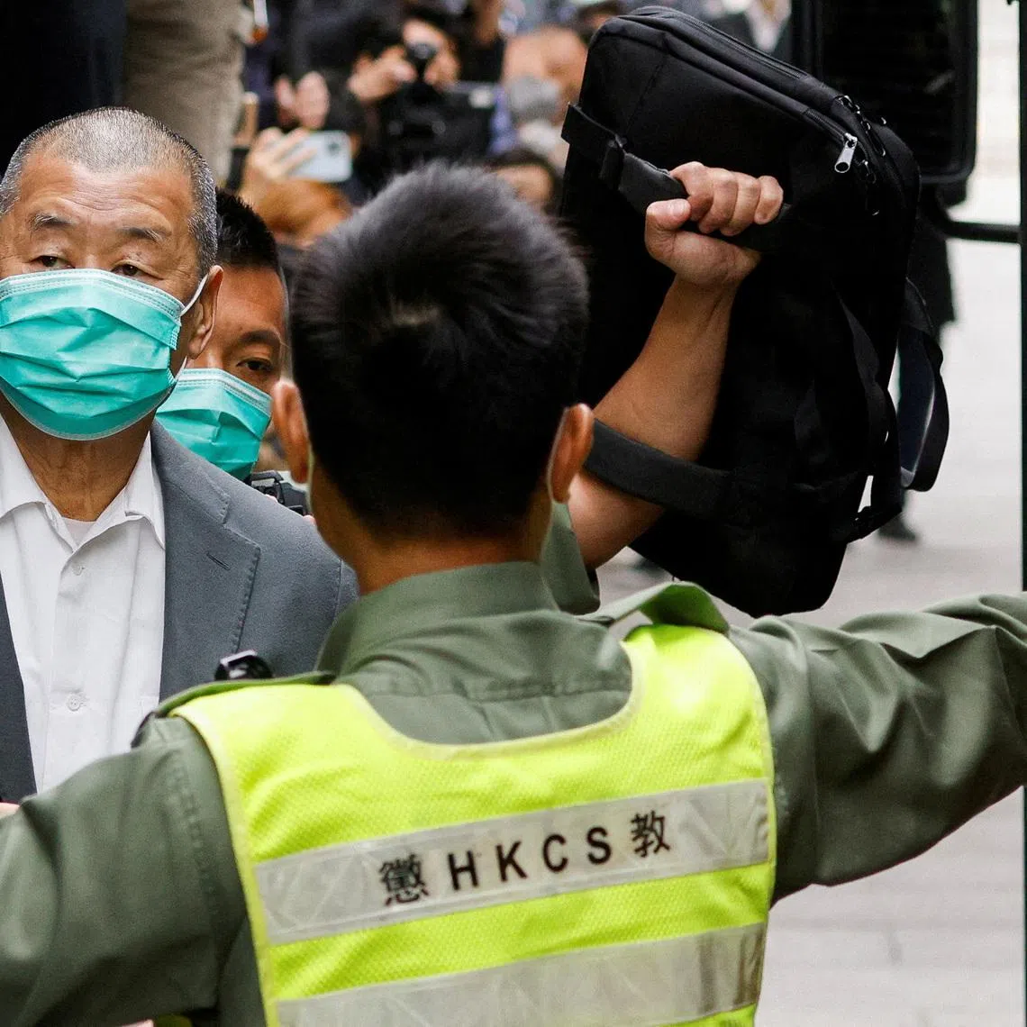 FILE PHOTO: Media mogul Jimmy Lai, founder of Apple Daily, leaves the Court of Final Appeal by prison van in Hong Kong, China February 9, 2021. REUTERS/Tyrone Siu/File Photo/File Photo