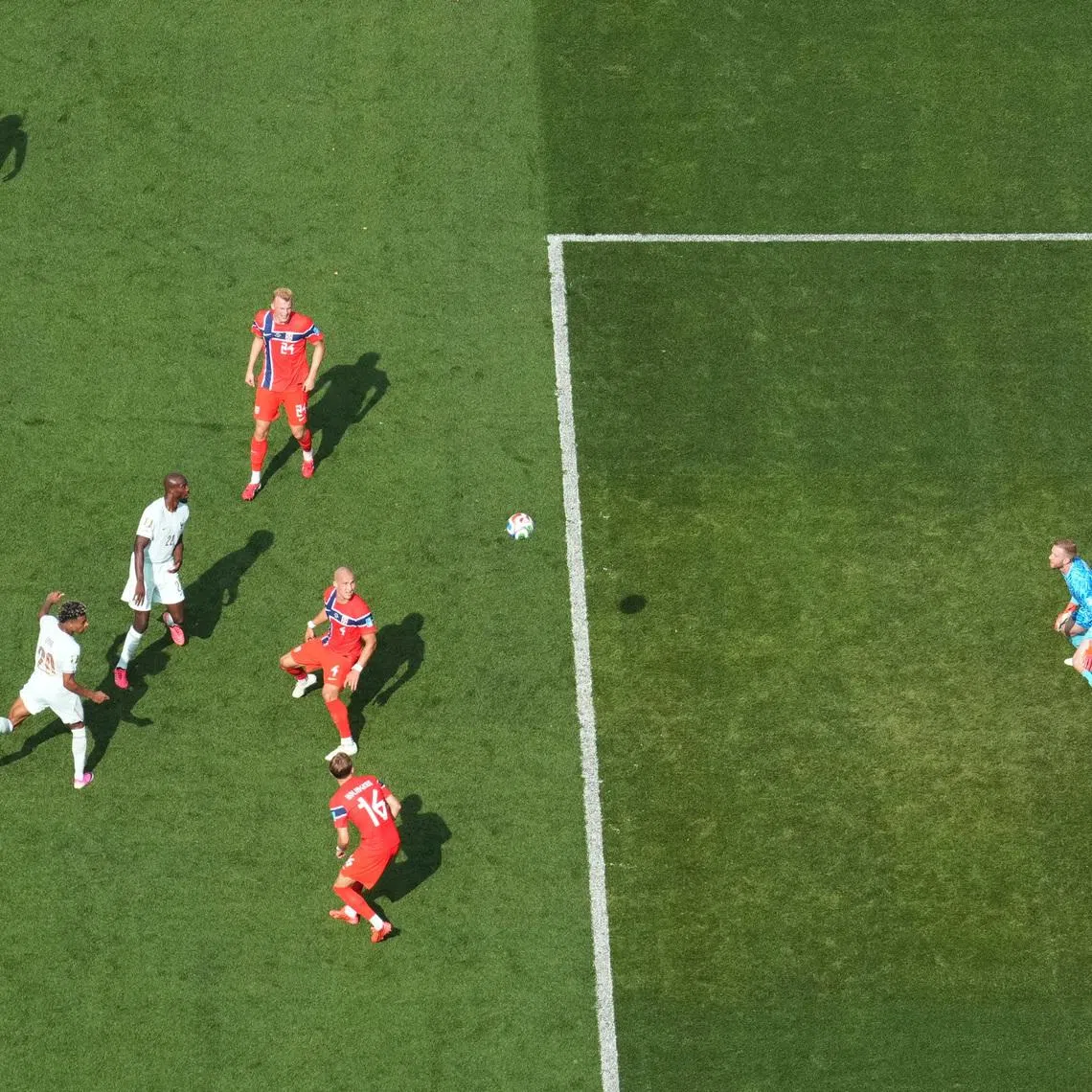 France’s Desire Doue scoring their fourth goal past Norway’s Egil Selvik on June 26.
