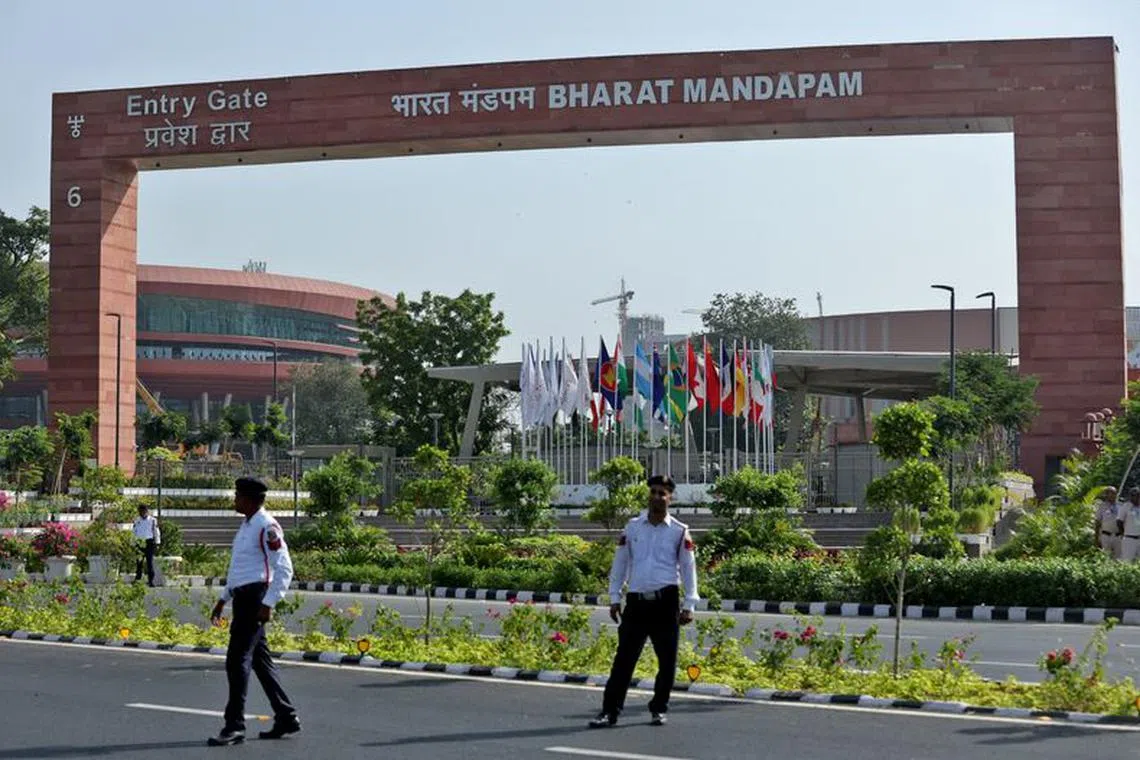 FILE PHOTO: Police stand on a road outside 'Bharat Mandapam', the main venue of the G20 Summit, in New Delhi, India, September 3, 2023. REUTERS/Altaf Hussain/File Photo
