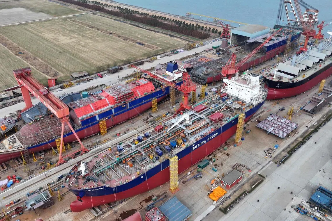 Ships under construction in a yard of a shipbuilding company in Taicang, east China's Jiangsu province on January 16, 2025.