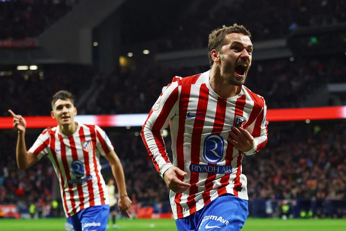 Soccer Football - Copa del Rey - Semi Final - First Leg - Atletico Madrid v FC Barcelona - Riyadh Air Metropolitano, Madrid, Spain - February 12, 2026 Atletico Madrid's Antoine Griezmann celebrates scoring their second goal REUTERS/Albert Gea