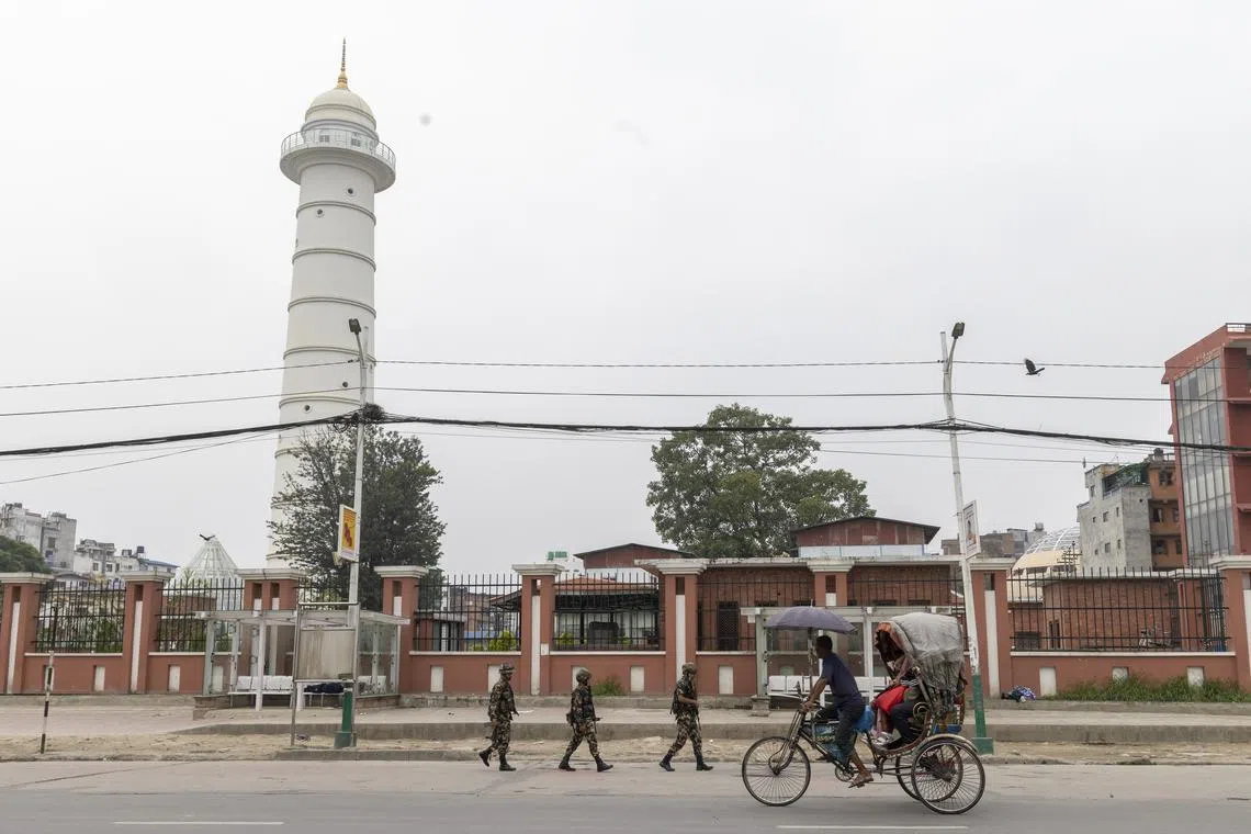 Nepalese Army patrols the streets in Kathmandu, Nepal, on Sept 10.