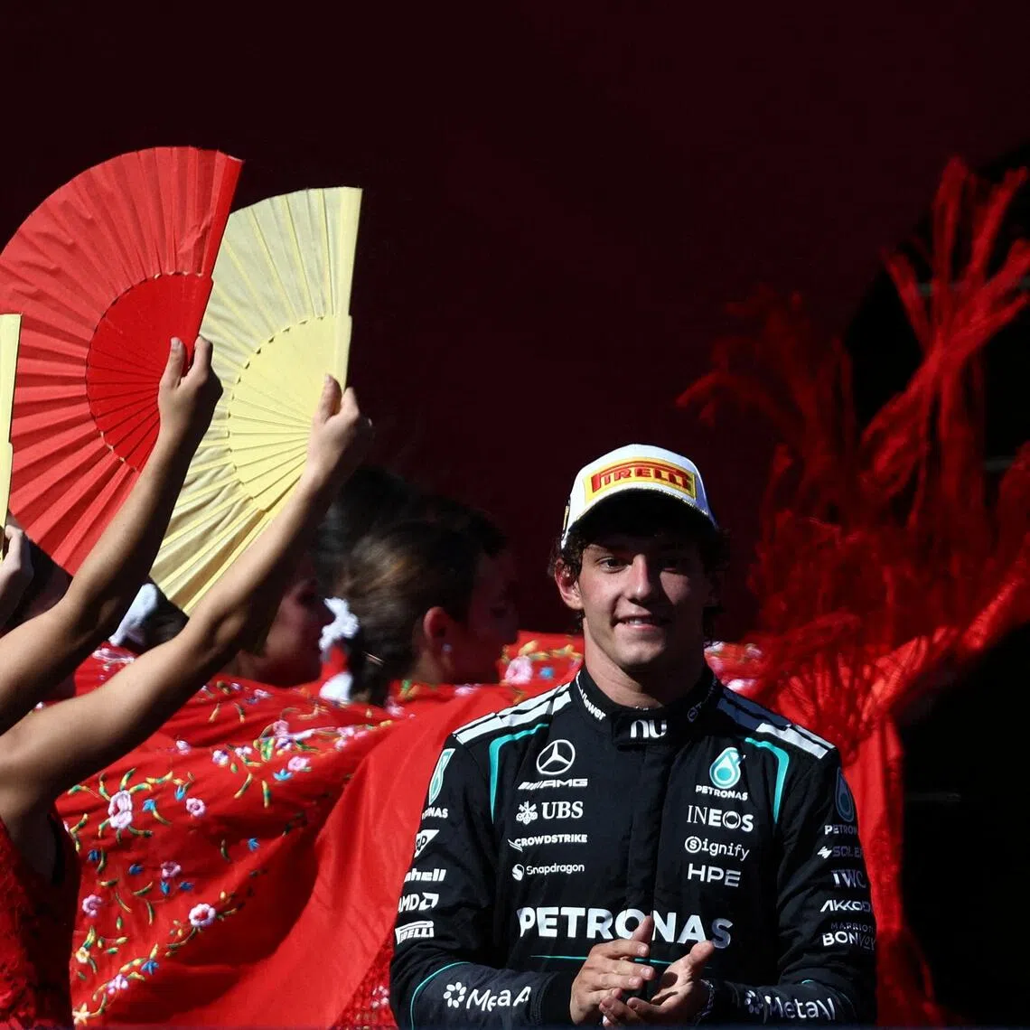 Mercedes’ Andrea Kimi Antonelli celebrates on the podium after winning the Spanish Grand Prix.