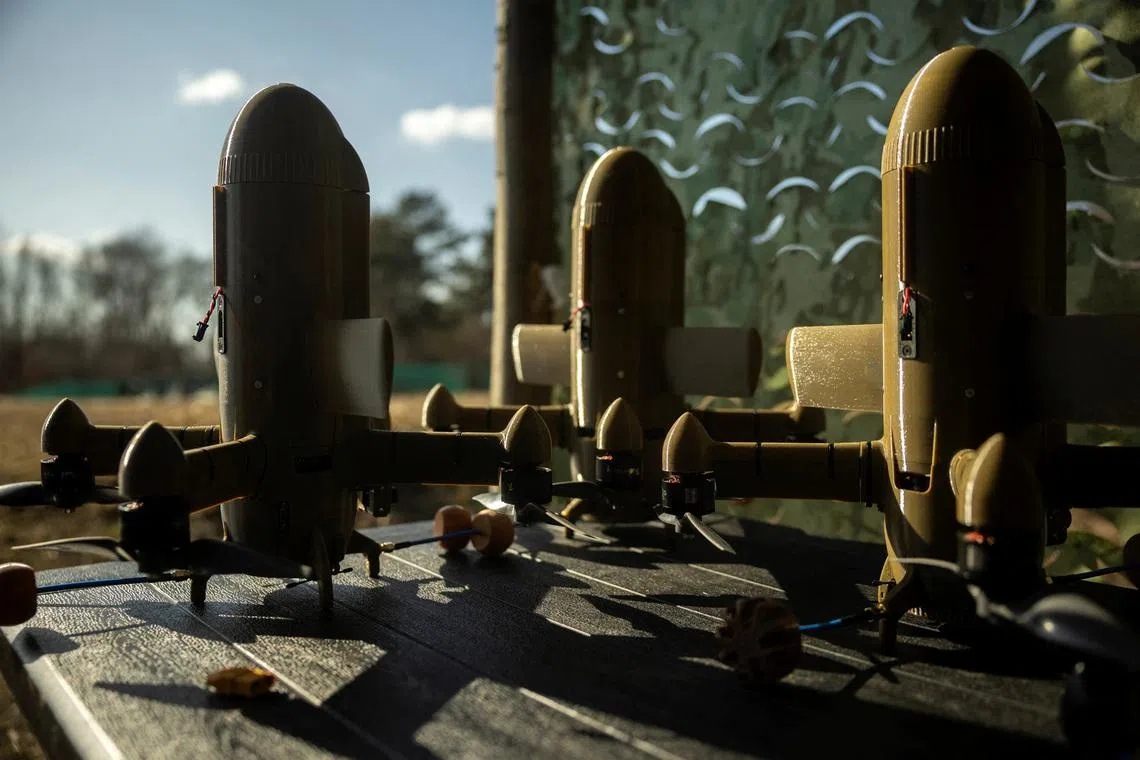 Sting interceptor drones are seen at an undisclosed location in Ukraine, March 16, 2026. REUTERS/Thomas Peter