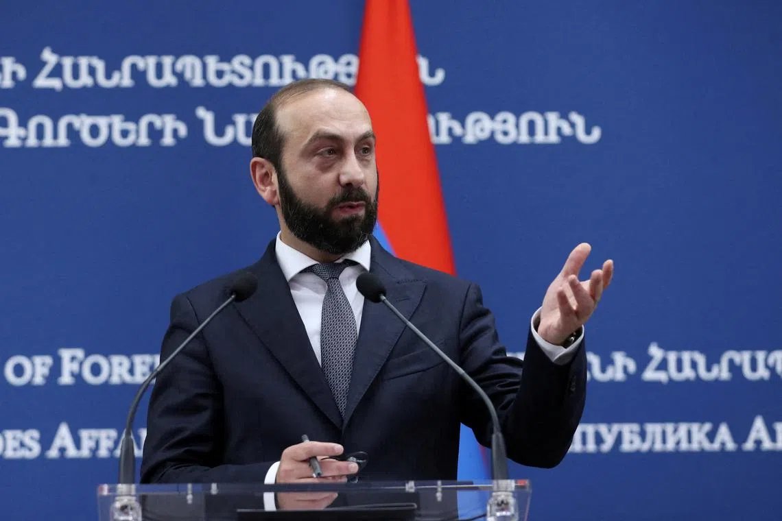 FILE PHOTO: Armenian Foreign Minister Ararat Mirzoyan speaks during a press conference following talks with German Foreign Minister Annalena Baerbock in Yerevan, Armenia, November 3, 2023. Stepan Poghosyan/Photolure via REUTERS/File Photo
