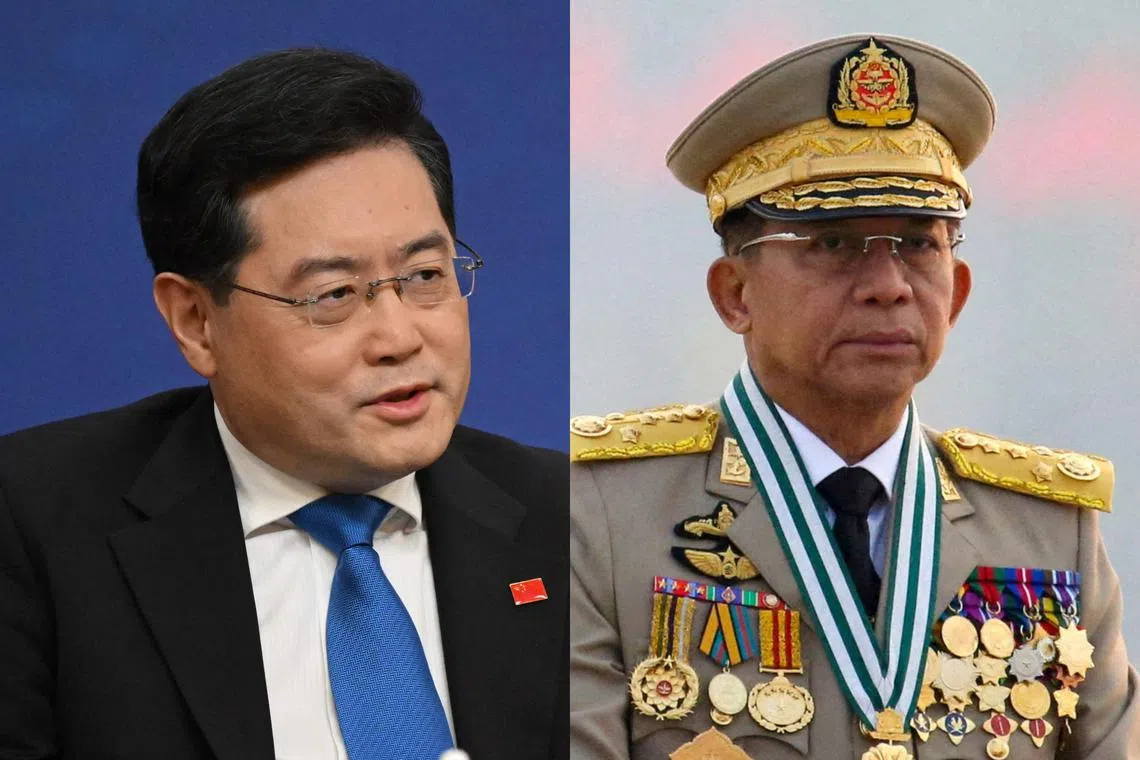 China “stands with Myanmar on the international stage”, Foreign Minister Qin Gang (left) is reported to have told Myanmar junta chief Min Aung Hlaing.