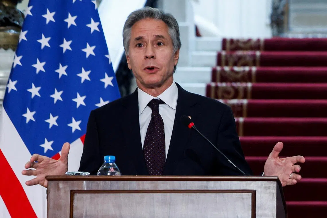 U.S. Secretary of State Antony Blinken attends a joint press conference with Egypt's Foreign Minister Badr Abdelatty (not pictured) in Tahrir Palace in Cairo, Egypt, September 18, 2024. REUTERS/Evelyn Hockstein/Pool