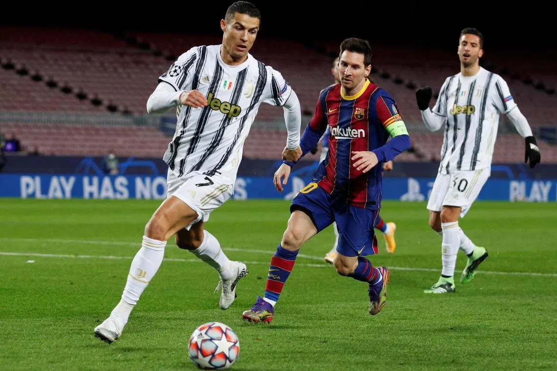 The on-field rivalry between Cristiano Ronaldo (left) and Lionel Messi, seen here in a 2020 Champions League clash, will be renewed on Thursday. 