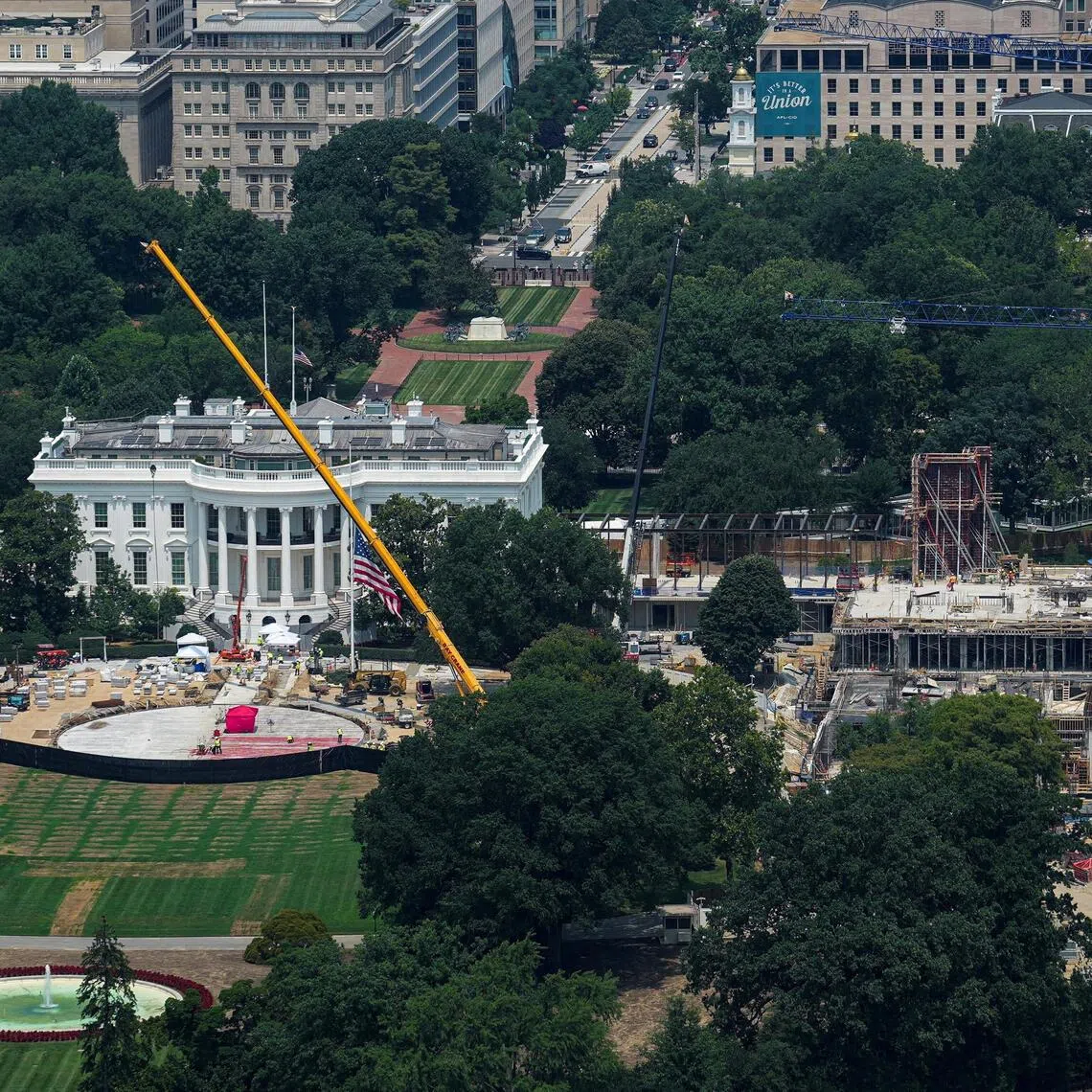 The White House and the ongoing ballroom construction project as seen from a window at the Washington Monument on July 15.