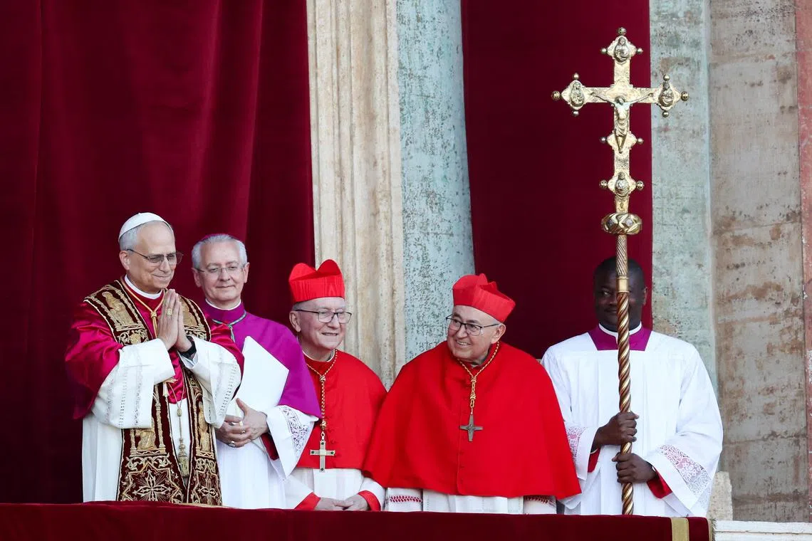 Newly elected Pope Leo XIV, Cardinal Robert Prevost  appearing on the balcony of St. Peter's Basilica at the Vatican on May 8. 
 