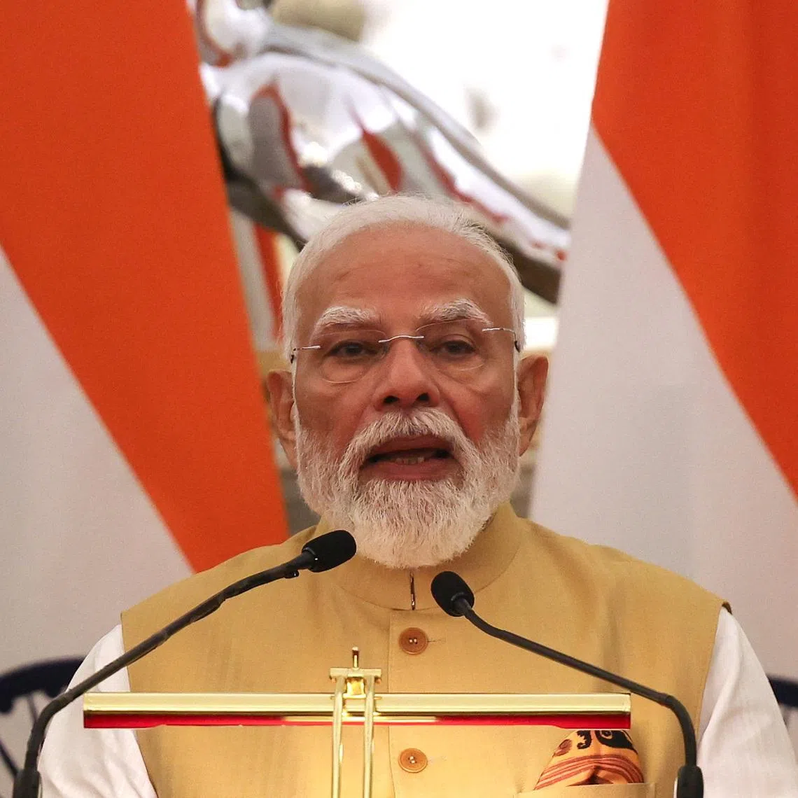 Indian Prime Minister Narendra Modi speaks during a joint press statement with Japanese Prime Minister Sanae Takaichi (not pictured) at the Hyderabad House in New Delhi, India, July 2, 2026. REUTERS/Altaf Hussain