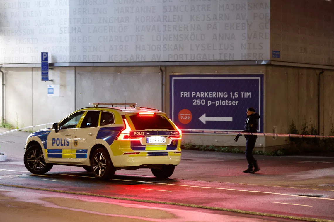 FILE PHOTO: Police  is seen at the  crime scene at Selma Lagerlofs square in Gothenburg after the famous rapper C. Gambino was shot to death on Tuesday evening in a parking garage in Gothenburg, Sweden on june 05, 2024. TT News Agency/Bjorn Larsson Rosvall via REUTERS/File Photo