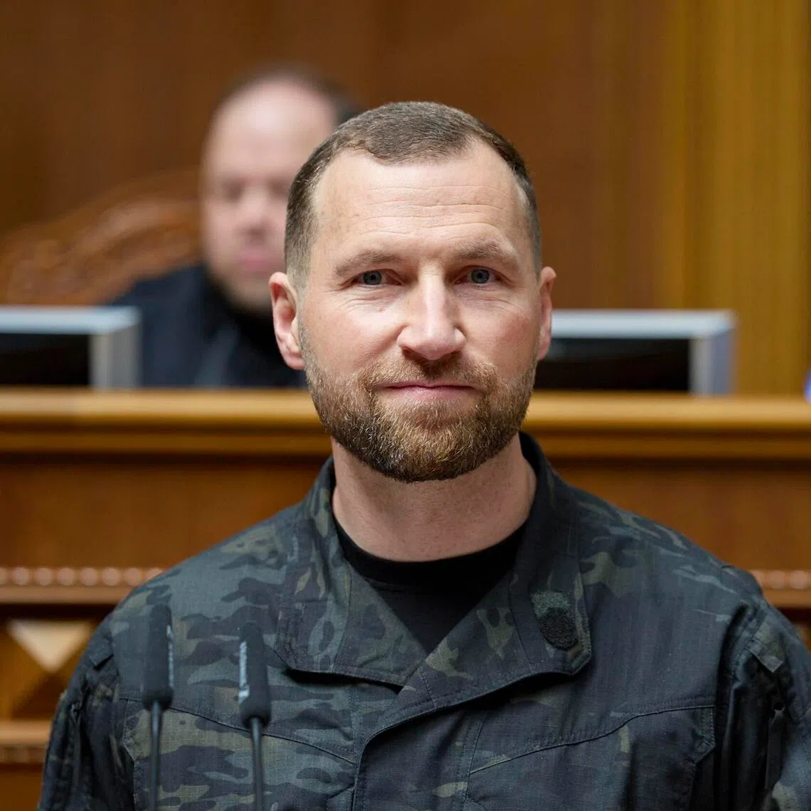 Newly-appointed Defence Minister Yevhenii Khmara - a former top special forces operative - delivering a speech at the Ukrainian Parliament in Kyiv on Aug 19.