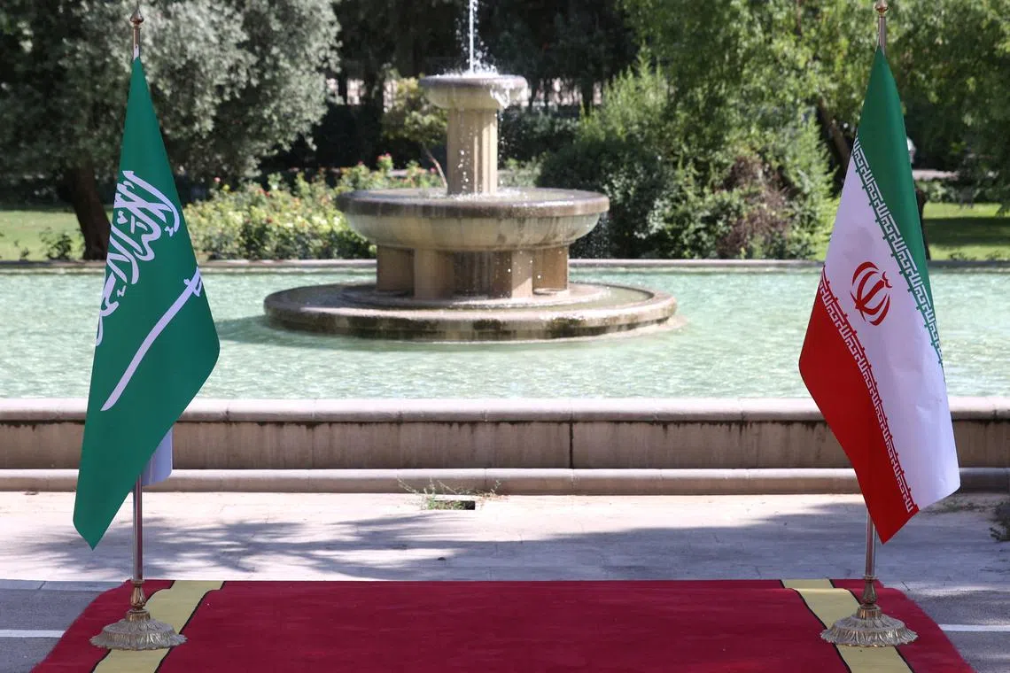A view of the flags of Iran and Saudi Arabia in Tehran, Iran June 17, 2023. Majid Asgaripour/WANA (West Asia News Agency) via REUTERS/File Photo