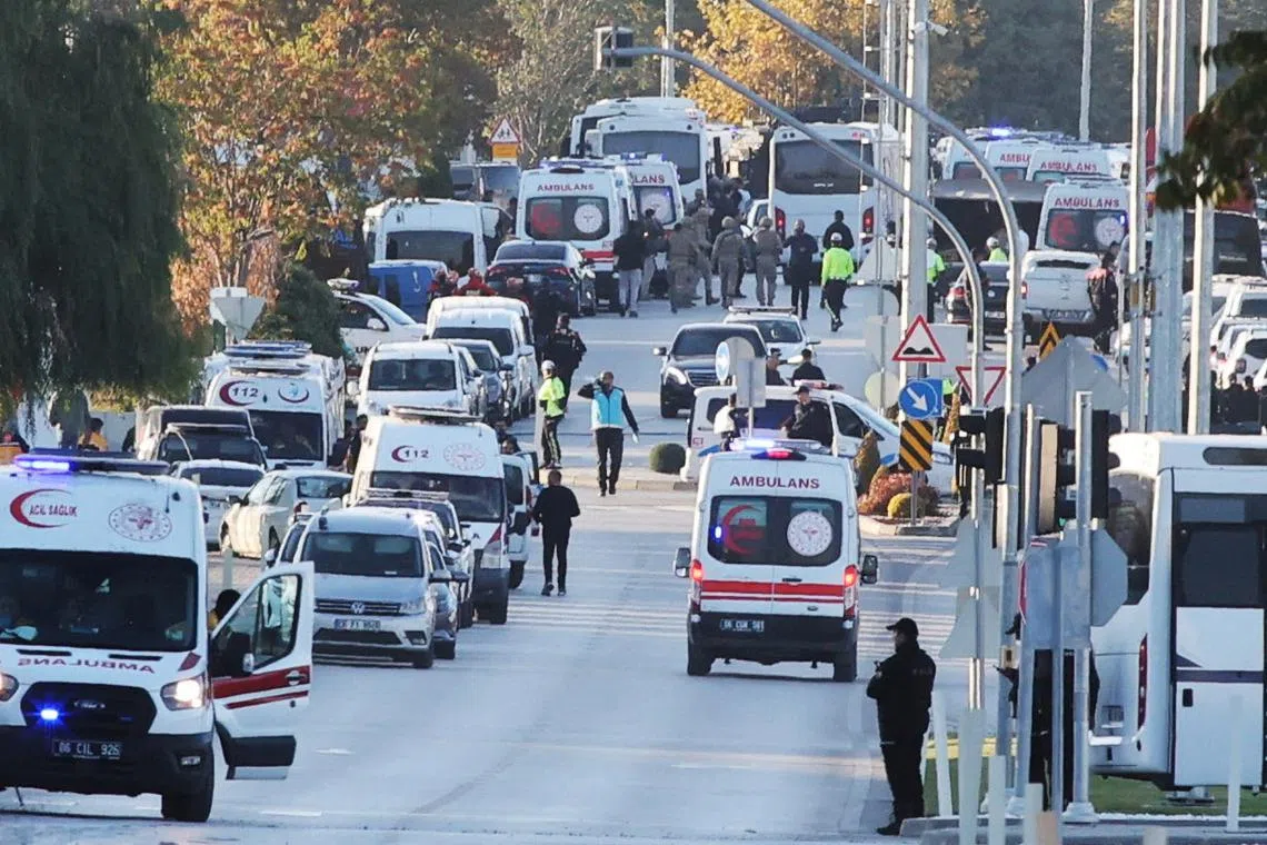 A general view of the entrance of the headquarters of Turkey's aviation company TUSAS, where three people were killed and five others wounded in an attack, near Kahramankazan, a town of Turkish capital Ankara, October 23, 2024. REUTERS/Stringer